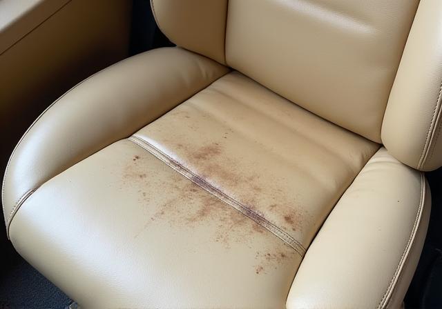얼룩과 때가 묻은 베이지색 가죽 시트 (Before)