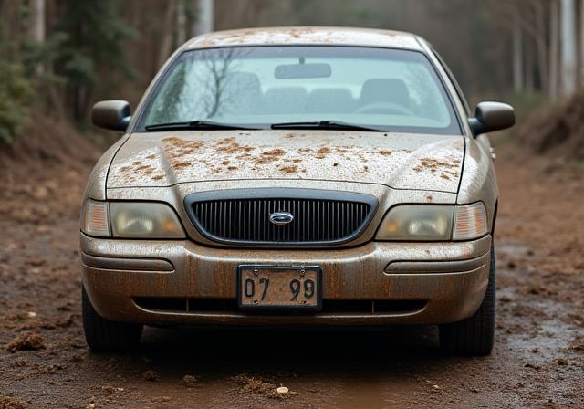 Dirty sedan covered in dust and mud (Before)